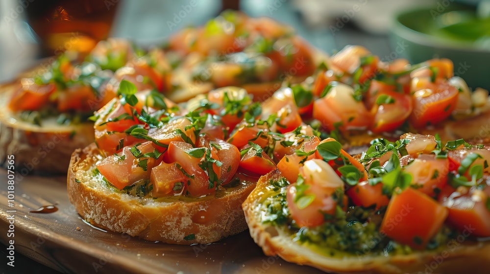 Fresh Tomato Bruschetta with Garlic, Basil, and Olive Oil on Crispy Bread for a Delicious Italian Appetizer Fresh Tomato Bruschetta with Garlic, Basil, and Olive Oil on Crispy Bread for a Delicious Italian Appetizer