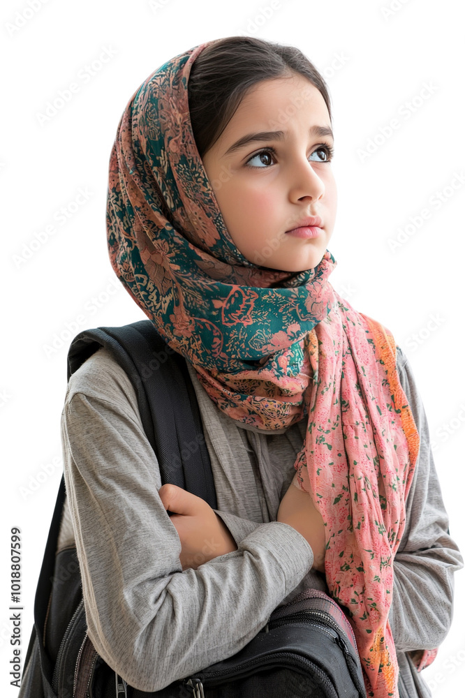 A serious young Middle Eastern girl, around 12 years old, holding a school bag, looking thoughtful, isolated on transparent background, PNG file A serious young Middle Eastern girl, around 12 years old, holding a school bag, looking thoughtful, isolated on transparent background, PNG file