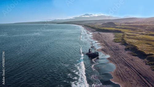 Aerial view The Yankito lava plateau on the Pacific coast of Kuril Islands,Iturup,Russia.