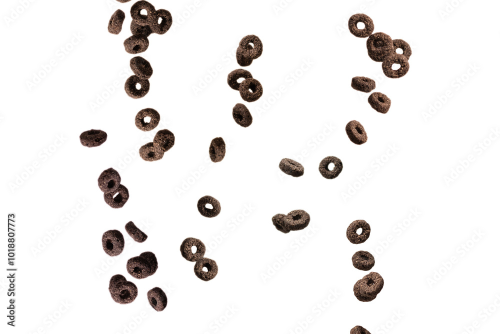 Chocolate rings cereal spill out into a bowl. Breakfast. Chocolate rings cereal spill out into a bowl. Breakfast.