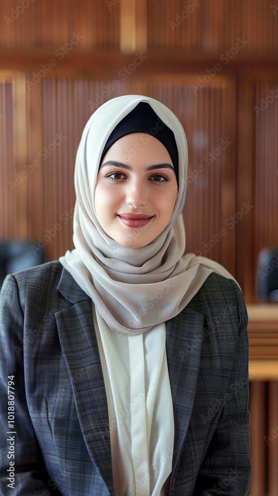 Professional Woman in Hijab Wearing Business Attire, Confident and Smiling in Office Environment