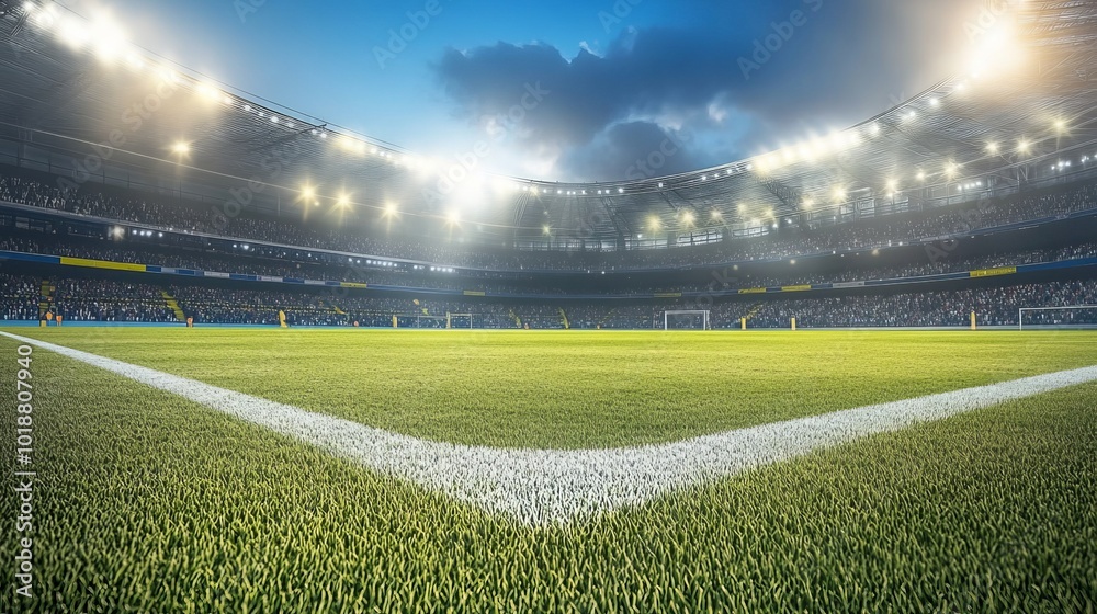 Well-lit soccer stadium readied for evening match. Professional sports background for advertisements. Well-lit soccer stadium readied for evening match. Professional sports background for advertisements.