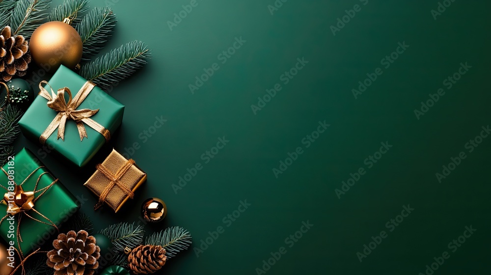 © ChanaphaStudio - Festively arranged green gifts and ornaments on a dark green background, evoking holiday cheer and seasonal celebration. © ChanaphaStudio - Festively arranged green gifts and ornaments on a dark green background, evoking holiday cheer and seasonal celebration.