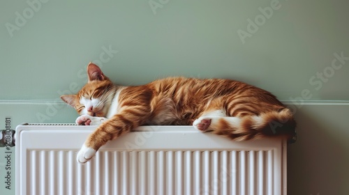 Cozy Ginger Cat Sleeping Comfortably on Warm Radiator in Relaxing Indoor Setting