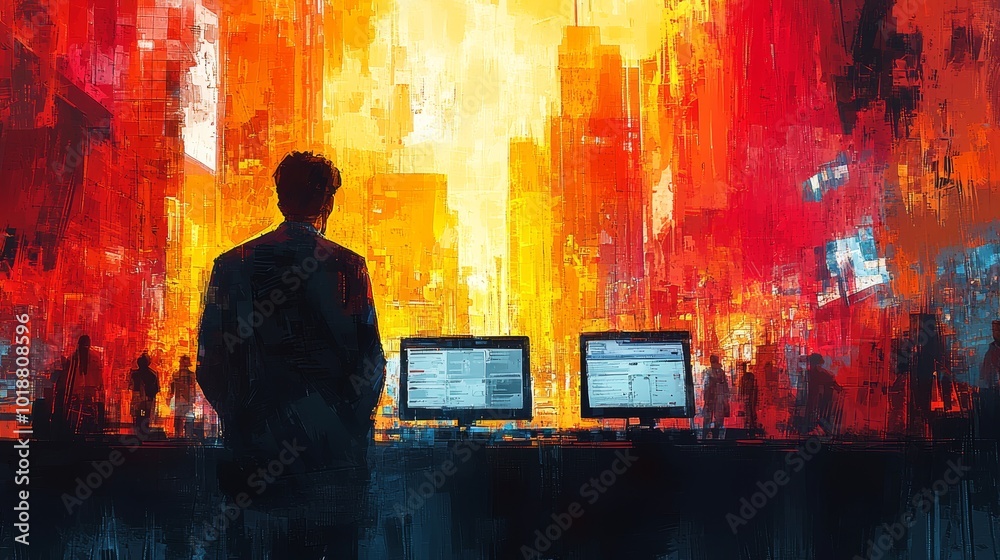 Contemplative businessman observing digital screens in vibrant cityscape Contemplative businessman observing digital screens in vibrant cityscape