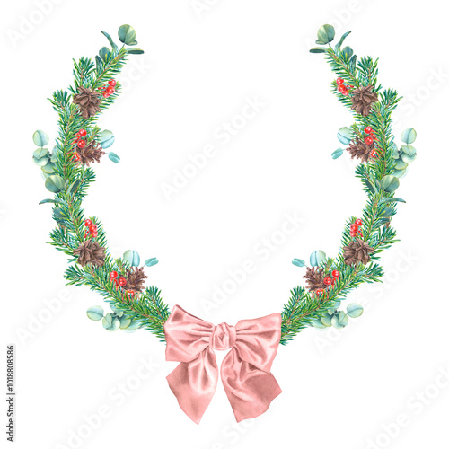 Fotografija Christmas tree branches, red berries of ilex, eucalyptus twigs, pine cones, bow in the midlle