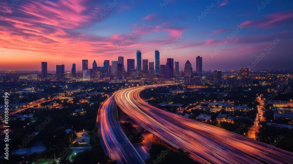 A vibrant city skyline at dusk with light trails from traffic on a highway. A vibrant city skyline at dusk with light trails from traffic on a highway.