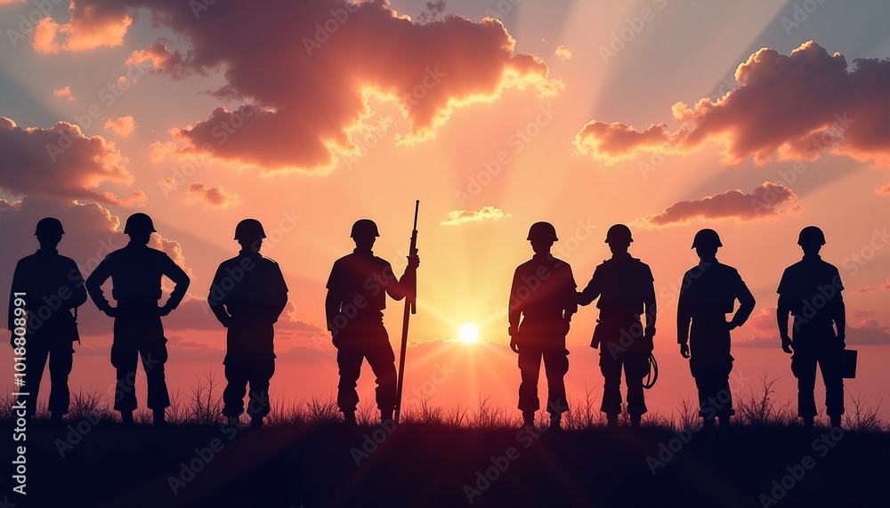 Silhouetted soldiers standing together in solidarity against a vibrant sunset backdrop Silhouetted soldiers standing together in solidarity against a vibrant sunset backdrop