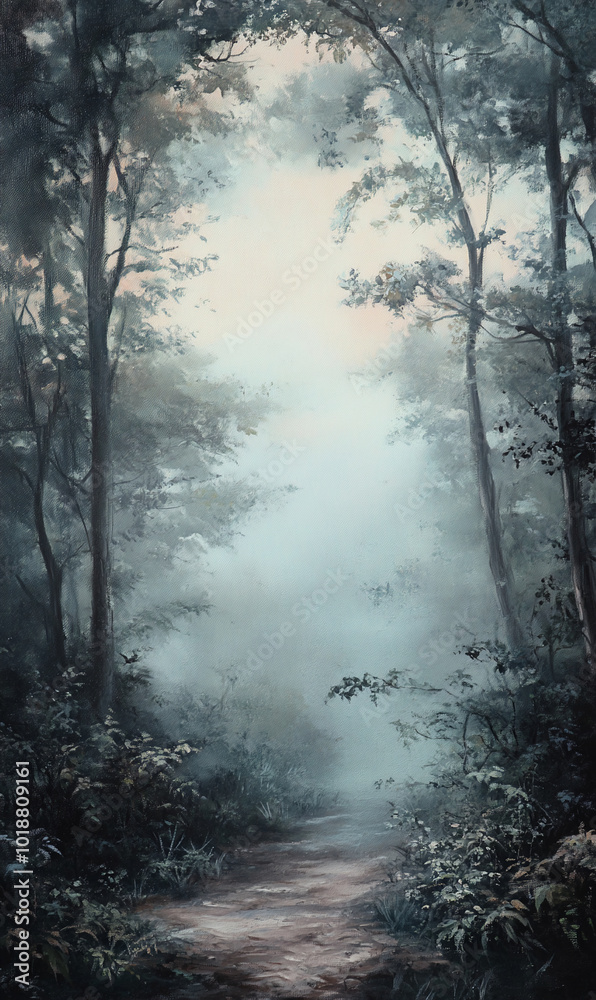 Fototapeta premium A quiet morning in a dense foggy forest at sunrise nature background