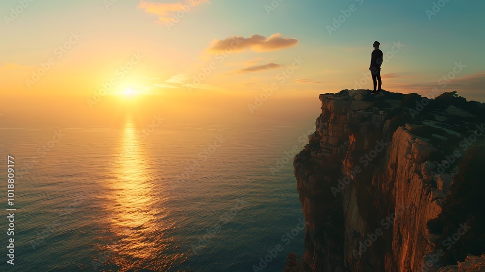 Man standing on the edge of a cliff and looking at the sunset Man standing on the edge of a cliff and looking at the sunset