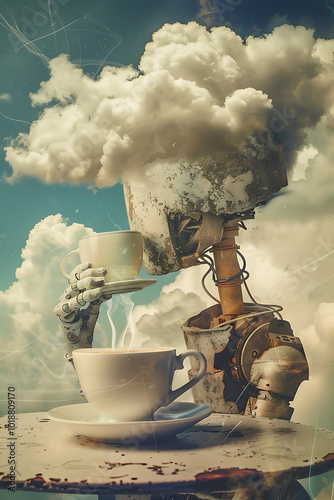 unrealized dreams, ai sips coffee, visions vanish like clouds in coffee dreams remain unfulfilled, surreal, and fleeting, disappearing without coming to fruition