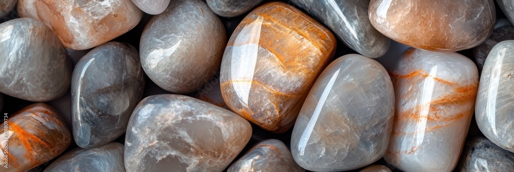 Polished Stones in Earthy Tones, close-up view of smooth grey and brown stones showcasing their texture and color variations Polished Stones in Earthy Tones, close-up view of smooth grey and brown stones showcasing their texture and color variations