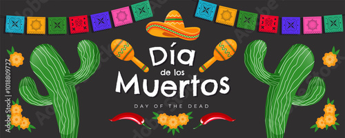 Dia de Los Muertos - Day of the Dead celebration banner, poster, card with colorful mexican traditional objects. Vector illustration