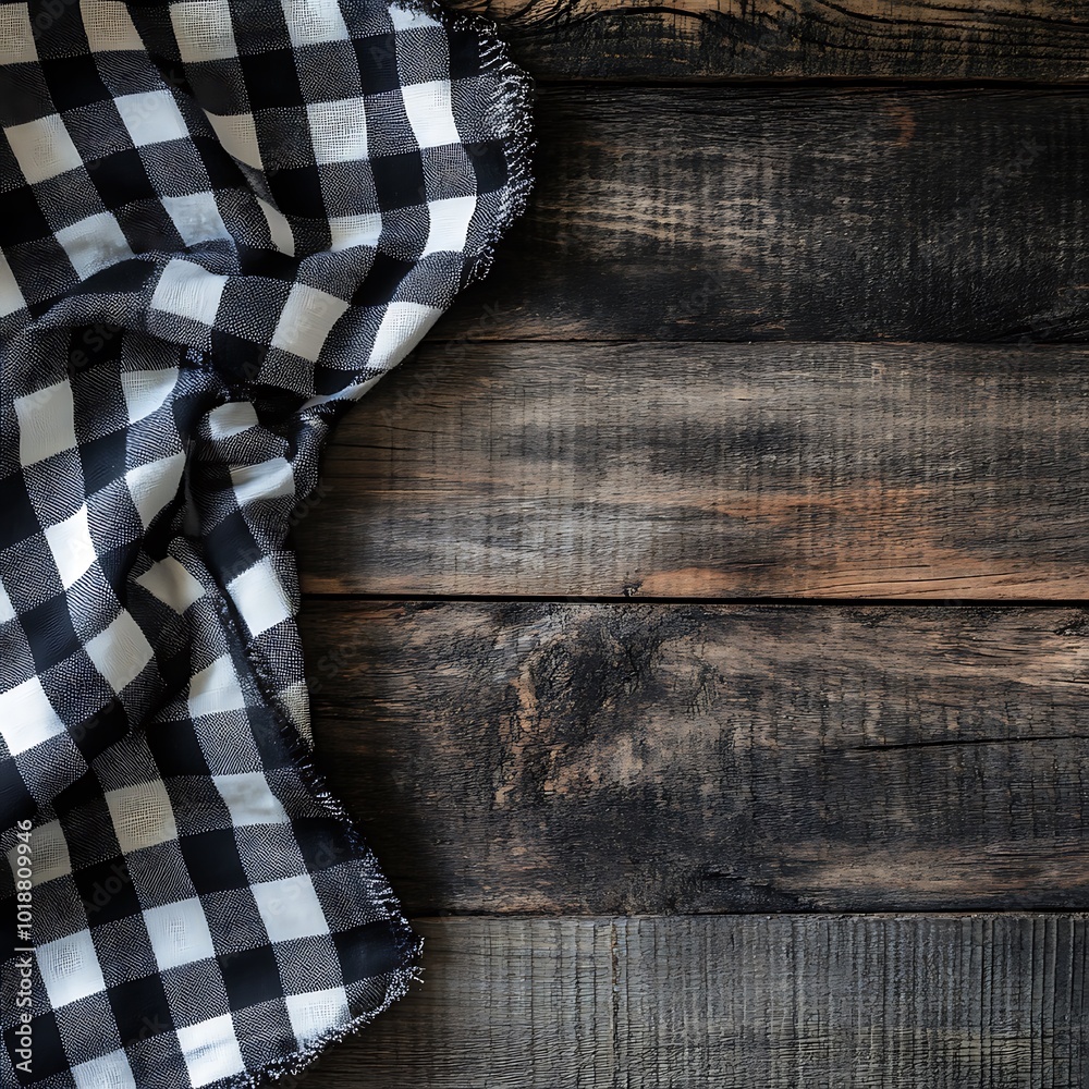 Obraz premium A black and white checkered cloth draped over a rustic wooden surface.