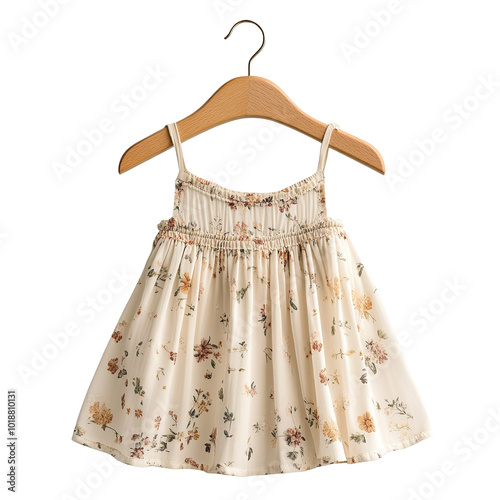 Girl's frock on wooden hanger isolated on transparent background