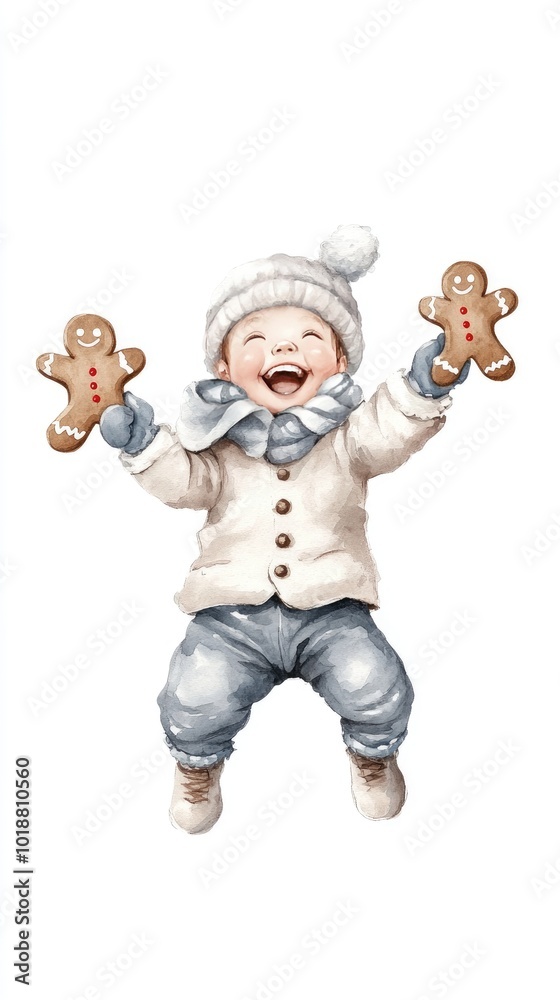 A joyful child in winter attire holds gingerbread man cookies, radiating Christmas cheer against a bright white background A joyful child in winter attire holds gingerbread man cookies, radiating Christmas cheer against a bright white background