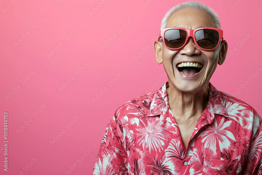 A cheerful Asian elderly man with white hair wears vibrant sunglasses and a colorful Hawaiian shirt, smiling joyfully against a bright pink background. A cheerful Asian elderly man with white hair wears vibrant sunglasses and a colorful Hawaiian shirt, smiling joyfully against a bright pink background.