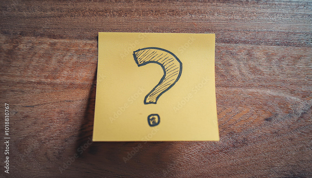 Sticky note with question mark on wooden table. Sticky note with question mark on wooden table.