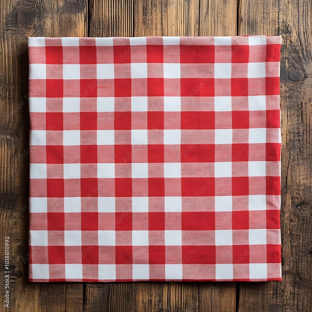 A red and white checkered tablecloth, commonly used for picnics and casual dining. A red and white checkered tablecloth, commonly used for picnics and casual dining.