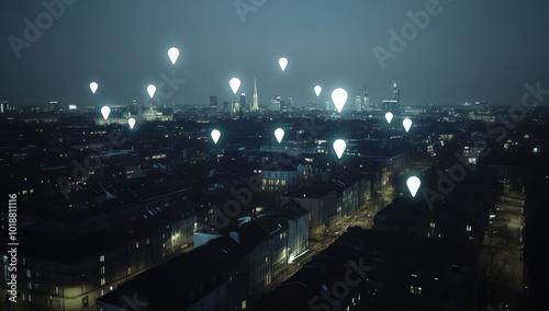 Wide aerial shot of the city skyline at night, white map pins floating above buildings representing location and route planning for an autumn journey Generative AI
