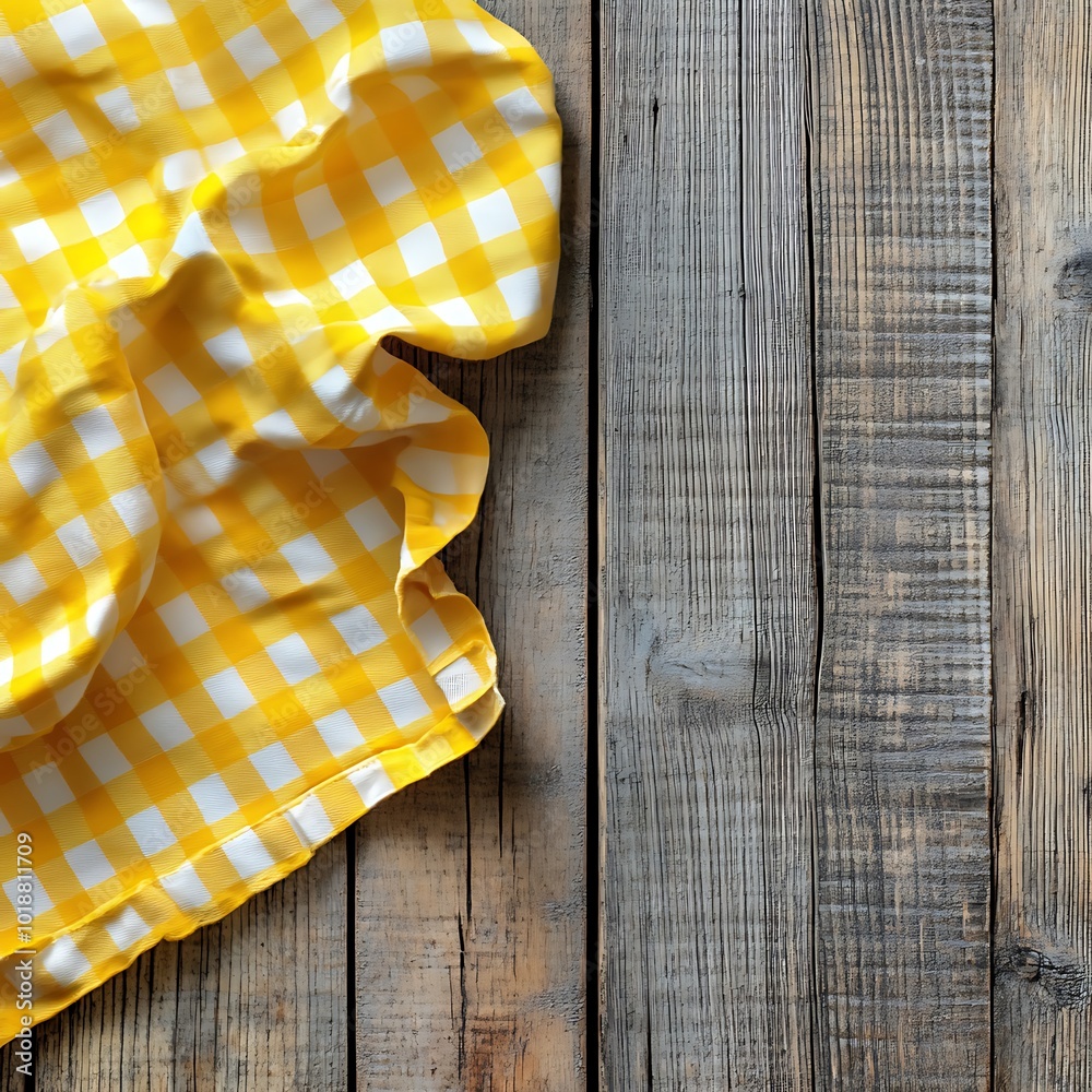 Obraz premium A folded yellow and white checkered cloth rests on a rustic wooden surface.