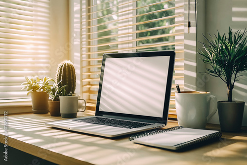 Peaceful Home Office Morning with Sunlight Filtering Through Blinds onto Laptop