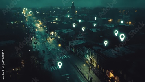 A wide aerial view of an urban landscape at night, with white pins or symbols floating above various locations across the city Generative AI