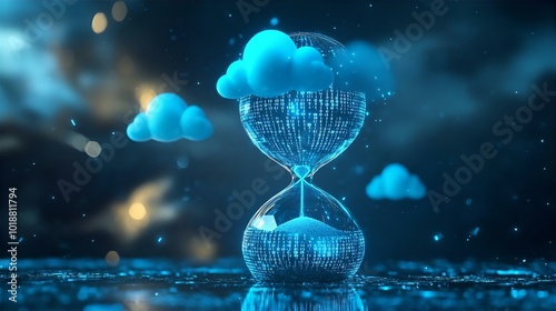 Futuristic hourglass with cloud computing, symbolizing the passage of time in digital era