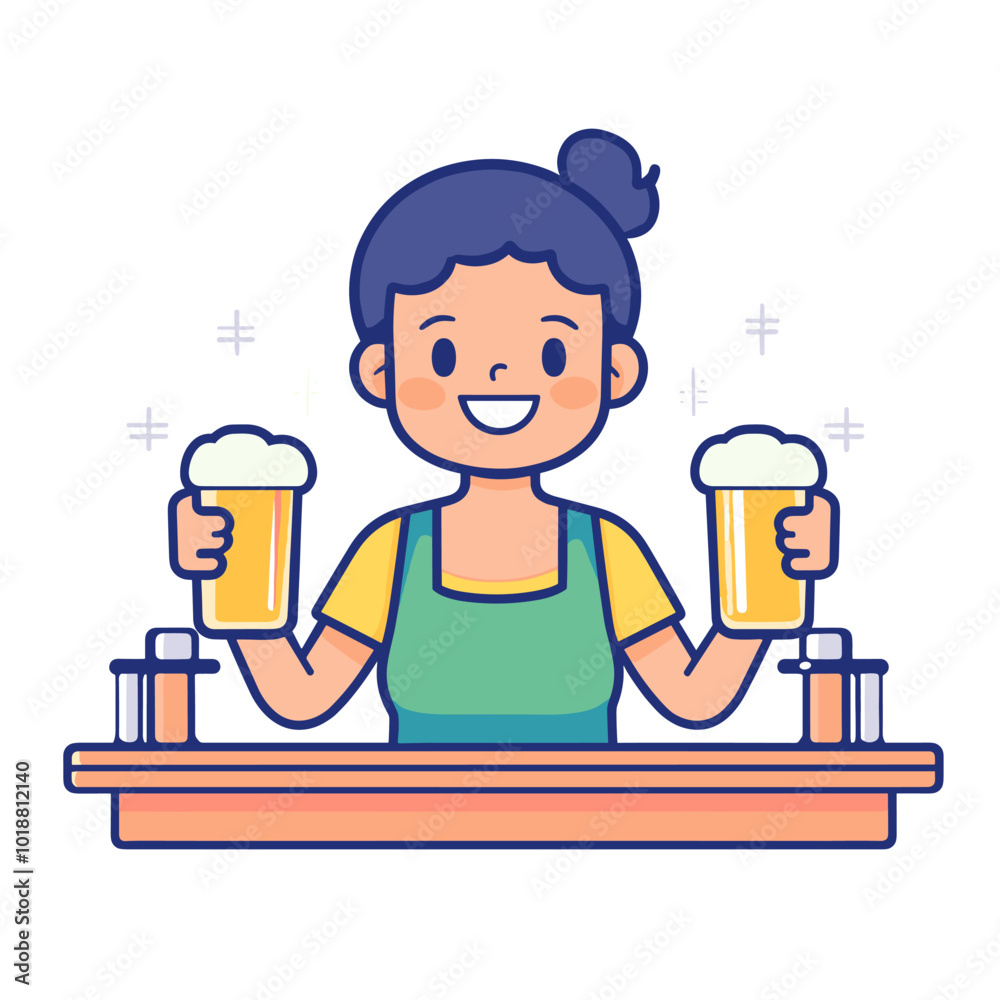 vector simple style girl holding mugs with beer .Generative AI vector simple style girl holding mugs with beer .Generative AI