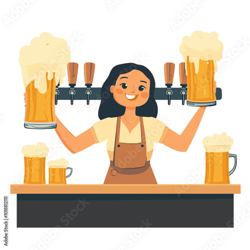 vector simple style girl holding mugs with beer .Generative AI