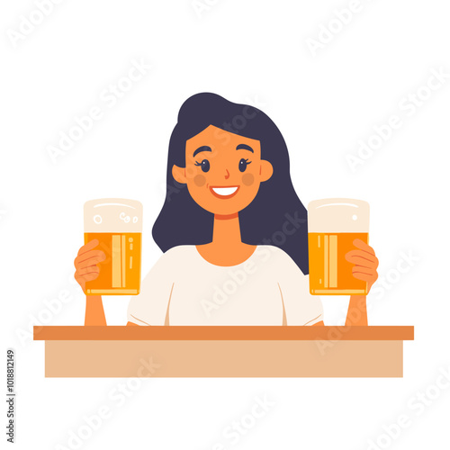 vector simple style girl holding mugs with beer .Generative AI