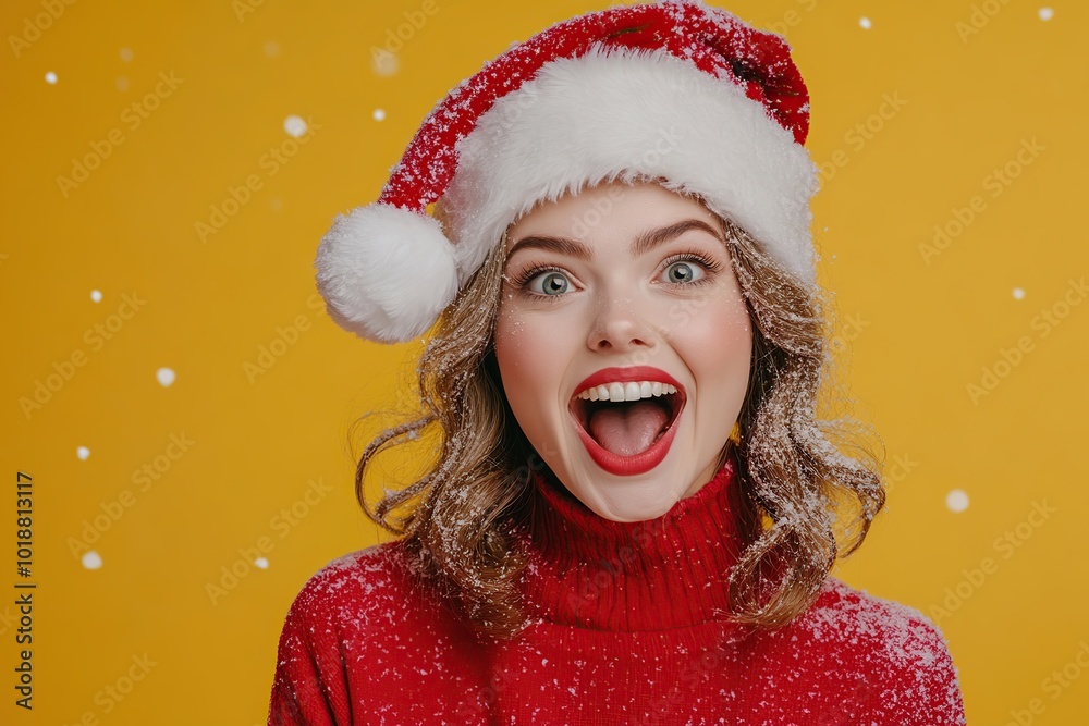 Cute young woman in knitted christmas sweater and santa hat Cute young woman in knitted christmas sweater and santa hat