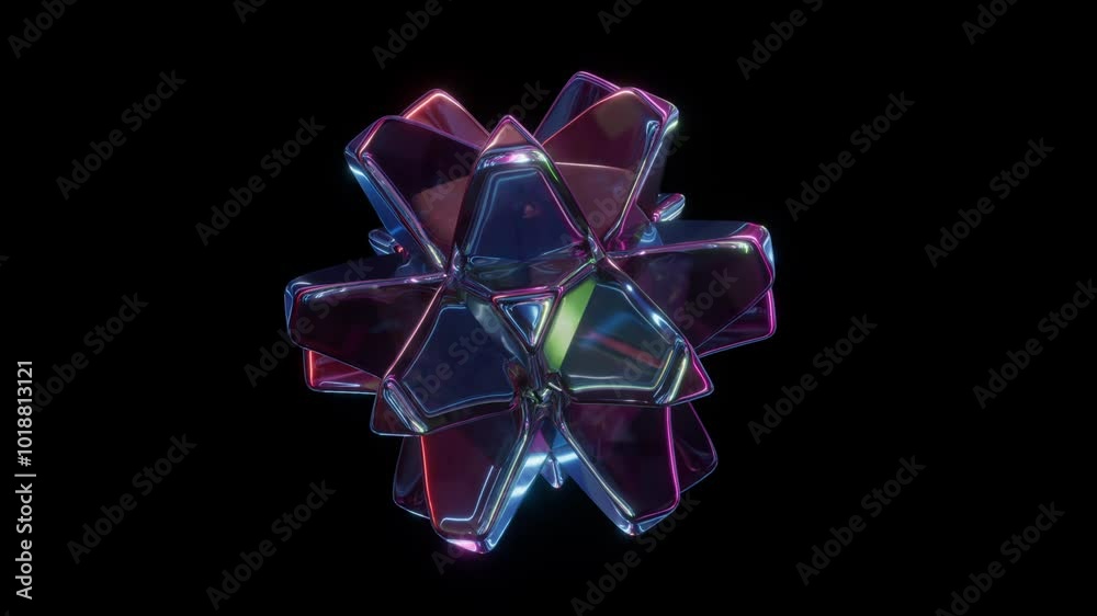 looped 3d animation. Surreal glass star, morphing iridescent crystal, reflecting neon light, smoothly transforming and changing shape. Fantastic geometric object isolated on black background