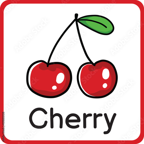 Printable cherry fruit flashcards for kids. Study and learning fruits. Education game