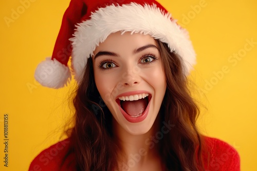 Cute young woman in knitted christmas sweater and santa hat