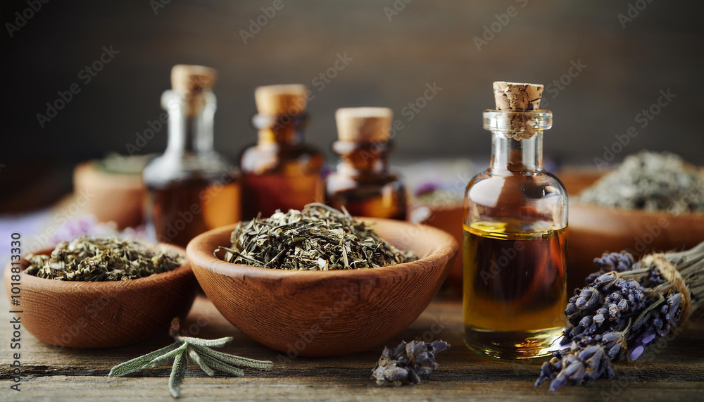 Wooden bowls with aromatic dry herbs and fragrant essential oils rest on table. Wooden bowls with aromatic dry herbs and fragrant essential oils rest on table.