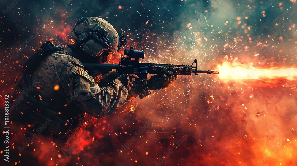 Epic shot of an elite army soldier firing a weapon, surrounded by virtual elements and intense energy, evoking the immersive world of a Counter-Strike-style game. Epic shot of an elite army soldier firing a weapon, surrounded by virtual elements and intense energy, evoking the immersive world of a Counter-Strike-style game.