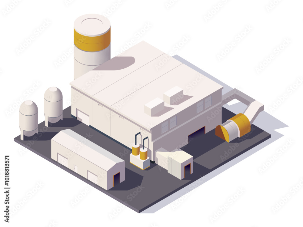 Factory depicted in isometric style with silos, pipes, and a flat surface. Vector illustration Factory depicted in isometric style with silos, pipes, and a flat surface. Vector illustration