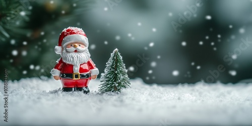 Cute Santa Figurine and Miniature Christmas Tree in Snowy Winter Scene