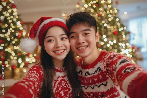 Happy young asian couple dressed in knitted sweaters doing selfie on christmas tree background