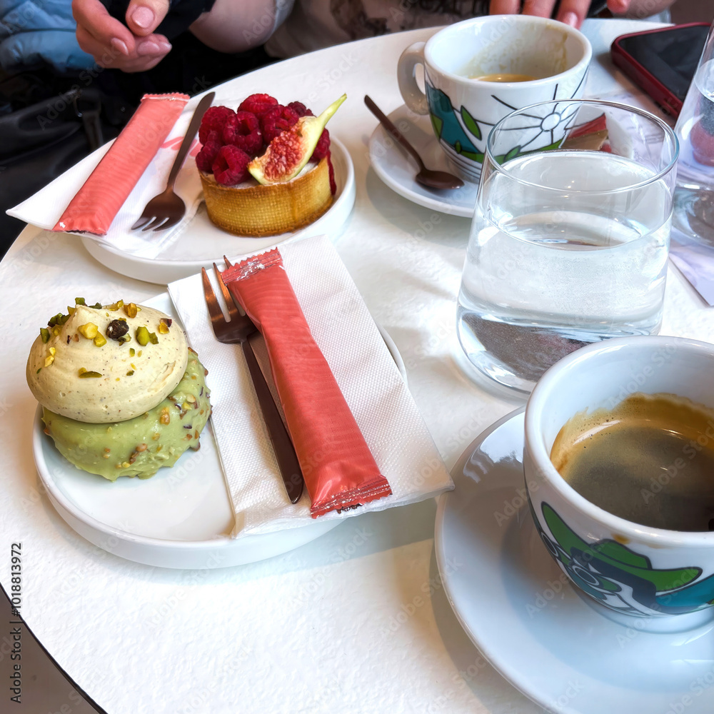 Two different cakes and small cups of coffee on a table in a cafe