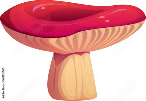 Cartoon autumn mushroom with a wide, flat top and a cream-colored stem. Isolated vector vibrant red-capped russula fungus. Wild forest plant, natural ingredient, mycology species, forest vegetation