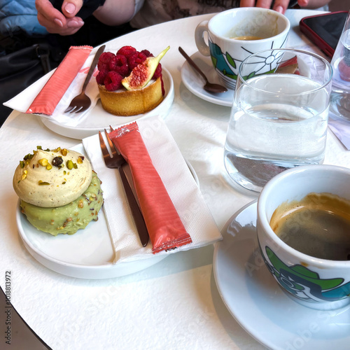 Obraz na płótnie Two different cakes and small cups of coffee on a table in a cafe w salonie