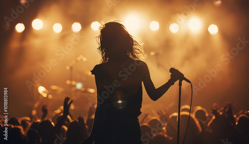 A dramatic silhouette of a female singer holding a microphone, performing on stage against bright orange and red stage lights, creating a powerful and energetic atmosphere.
