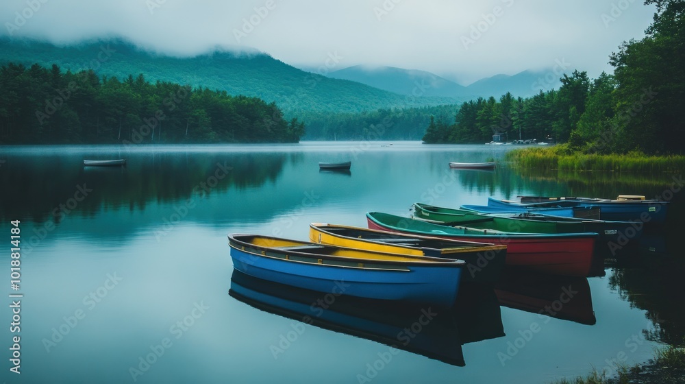 A tranquil lake with five colorful rowboats, shrouded in morning mist, with mountains in the background. A tranquil lake with five colorful rowboats, shrouded in morning mist, with mountains in the background.