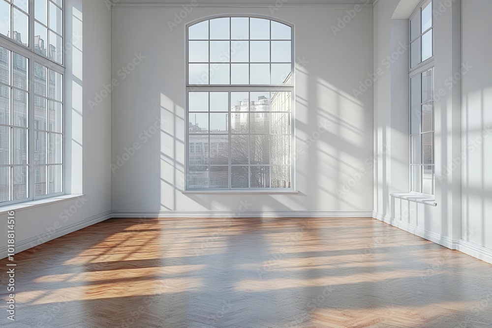 Fototapeta premium minimalist empty room with white walls illuminated by soft light streaming through windows creating a perfect background for product presentation