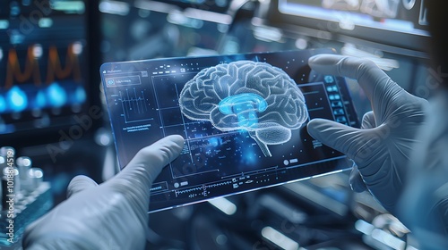 science and medicine concept - close up of scientist hands with x-ray image of human brain