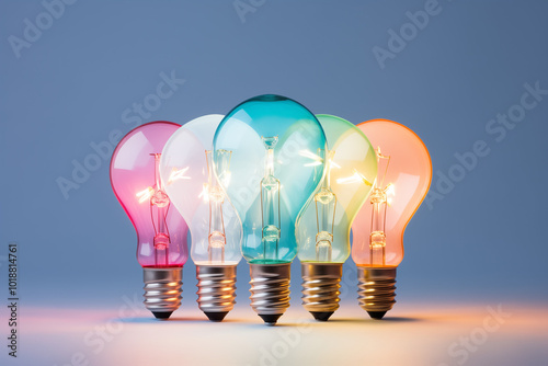 Group of beautiful gradient rainbow colors light bulbs. Blue background with copy space. Classic incandescent light bulb. Minimal concept of great idea, enlightenment, clarity and understanding