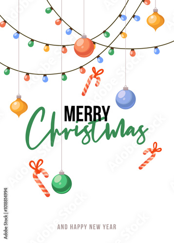 A cheerful holiday design featuring ornaments and candy canes, on a white background. Vector illustration