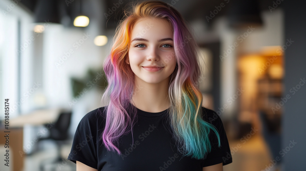 A young woman with colorful hair stands in the office, smiling at the camera A young woman with colorful hair stands in the office, smiling at the camera